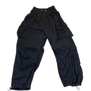Night City Womens Wide Leg Cargo Pants Small Black Drawstring Cuff Streetwear Ca